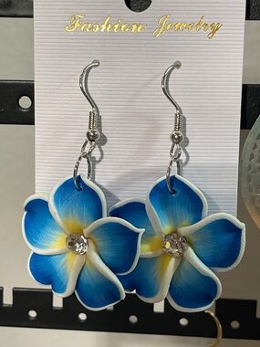 Blue Hawaiian Plumeria Flower Dangle Earrings